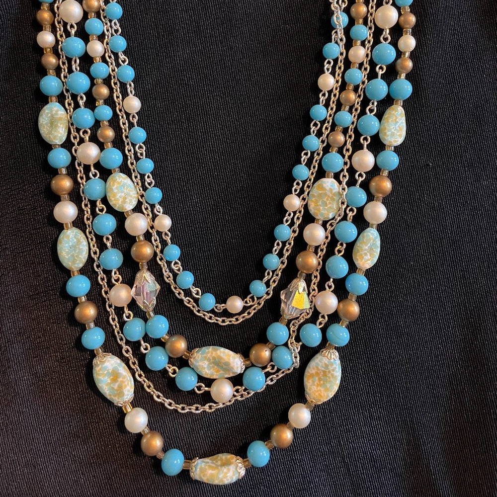 Blue/green/gold beads with gold tone chains